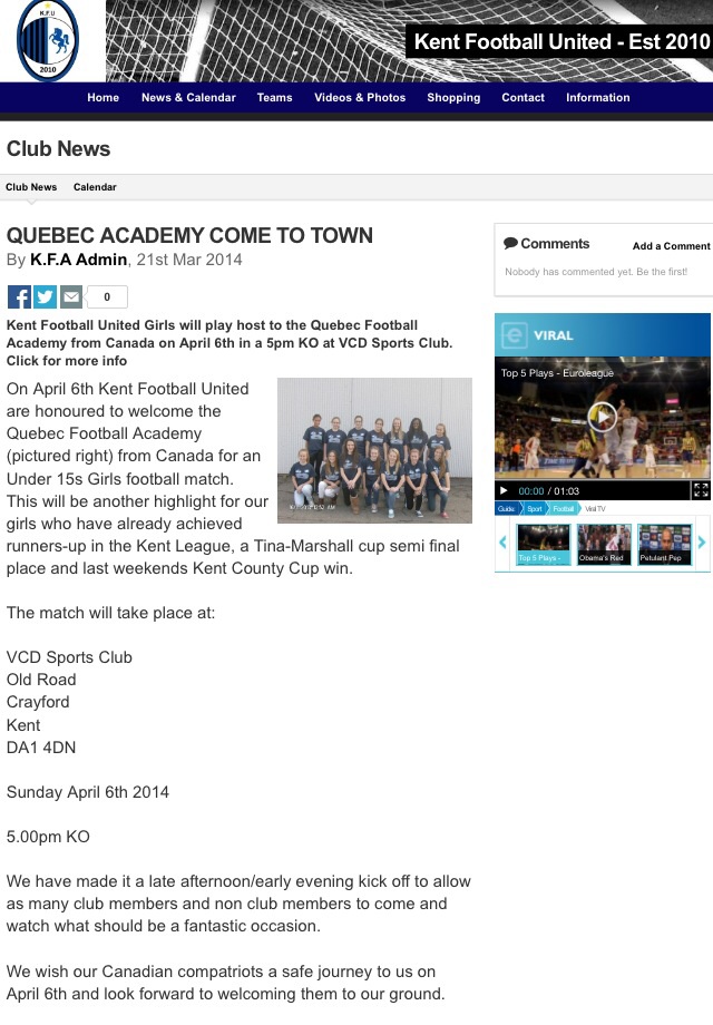 Le premier match de l'equipe England Tour 2014 soccer U-13 feminin contre Kent United